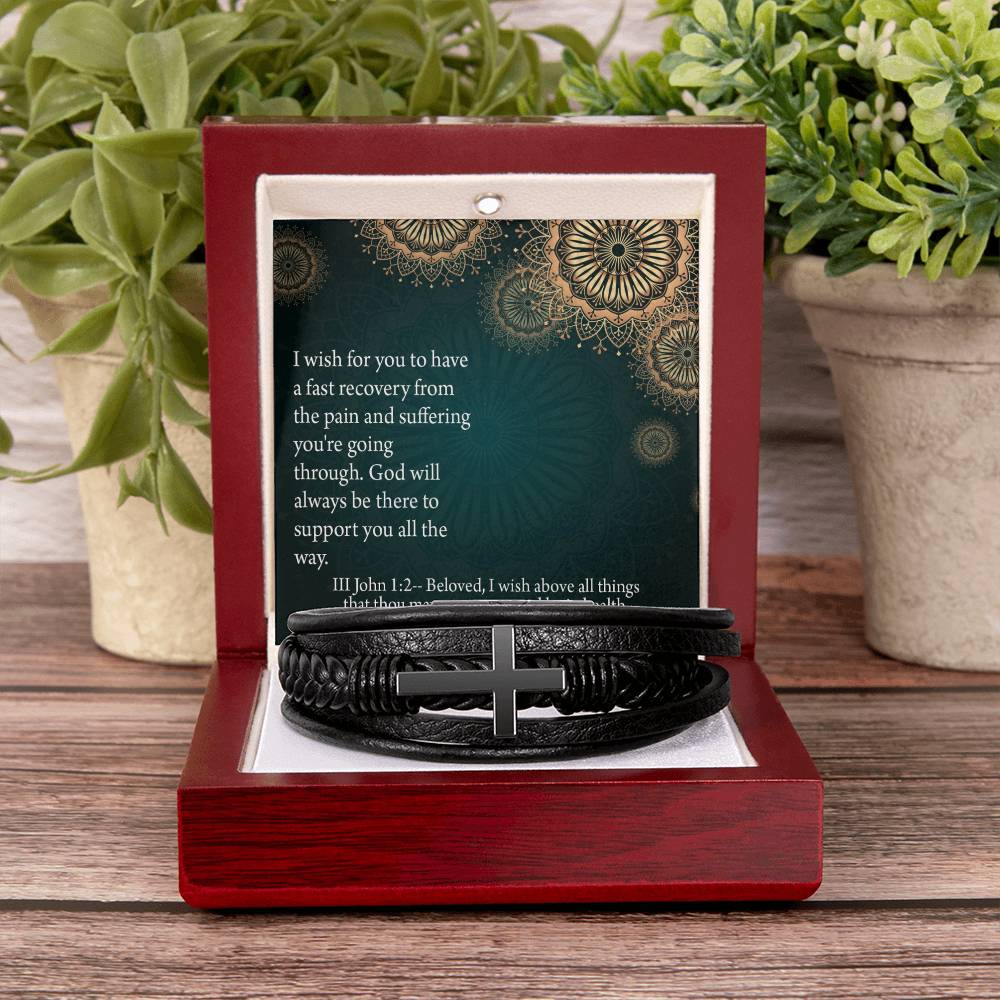 Get Well God's Support 3 John 1:2 Men's Stainless Steel & Vegan Leather Cross Bracelet - Vegan Leather with Stainless Steel-Express Your Love Gifts