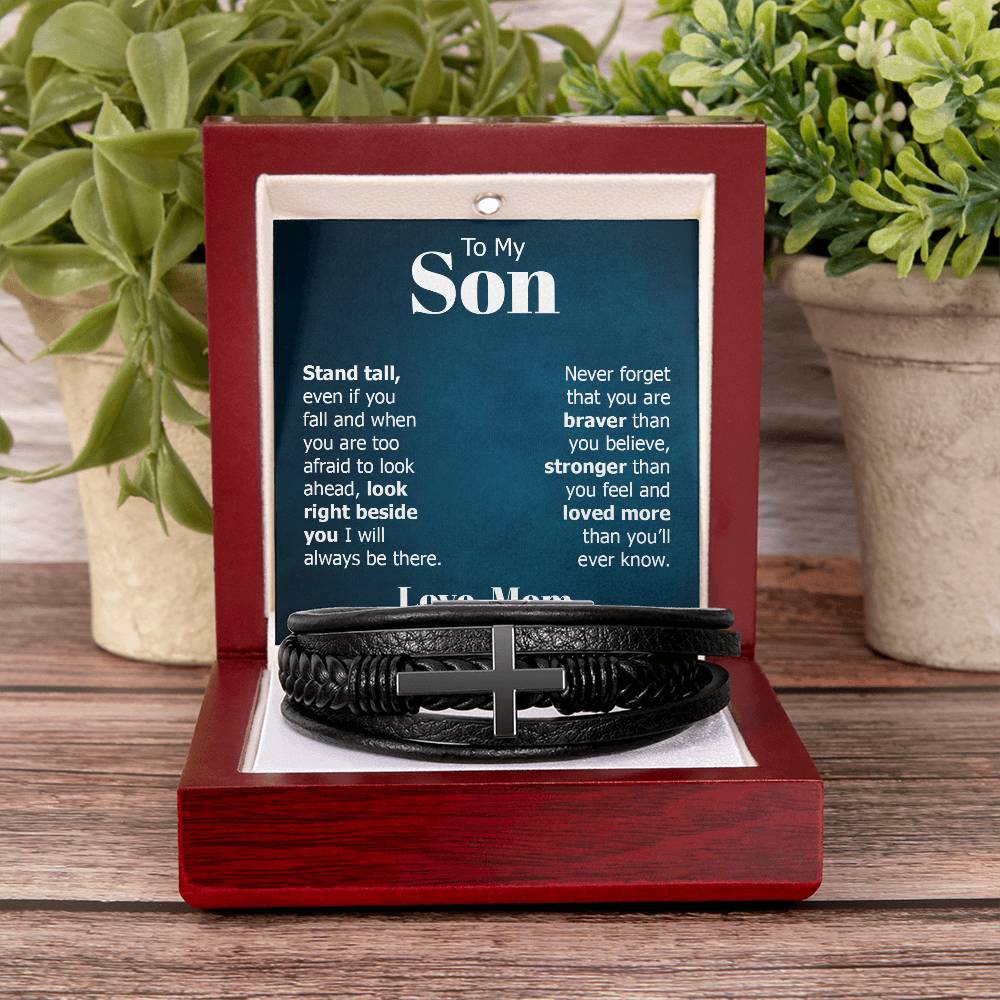 To My Son Stand Tall Even if You Fall Men's Cross Bracelet - Vegan Leather with Stainless Steel-Express Your Love Gifts