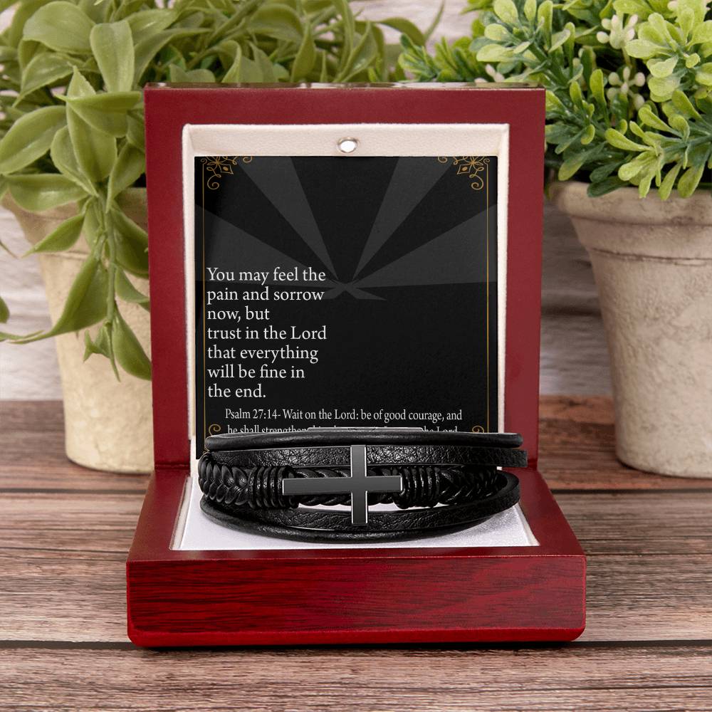 God's Strength Psalm 27:14 Men's Stainless Steel & Vegan Leather Cross Bracelet - Vegan Leather with Stainless Steel-Express Your Love Gifts