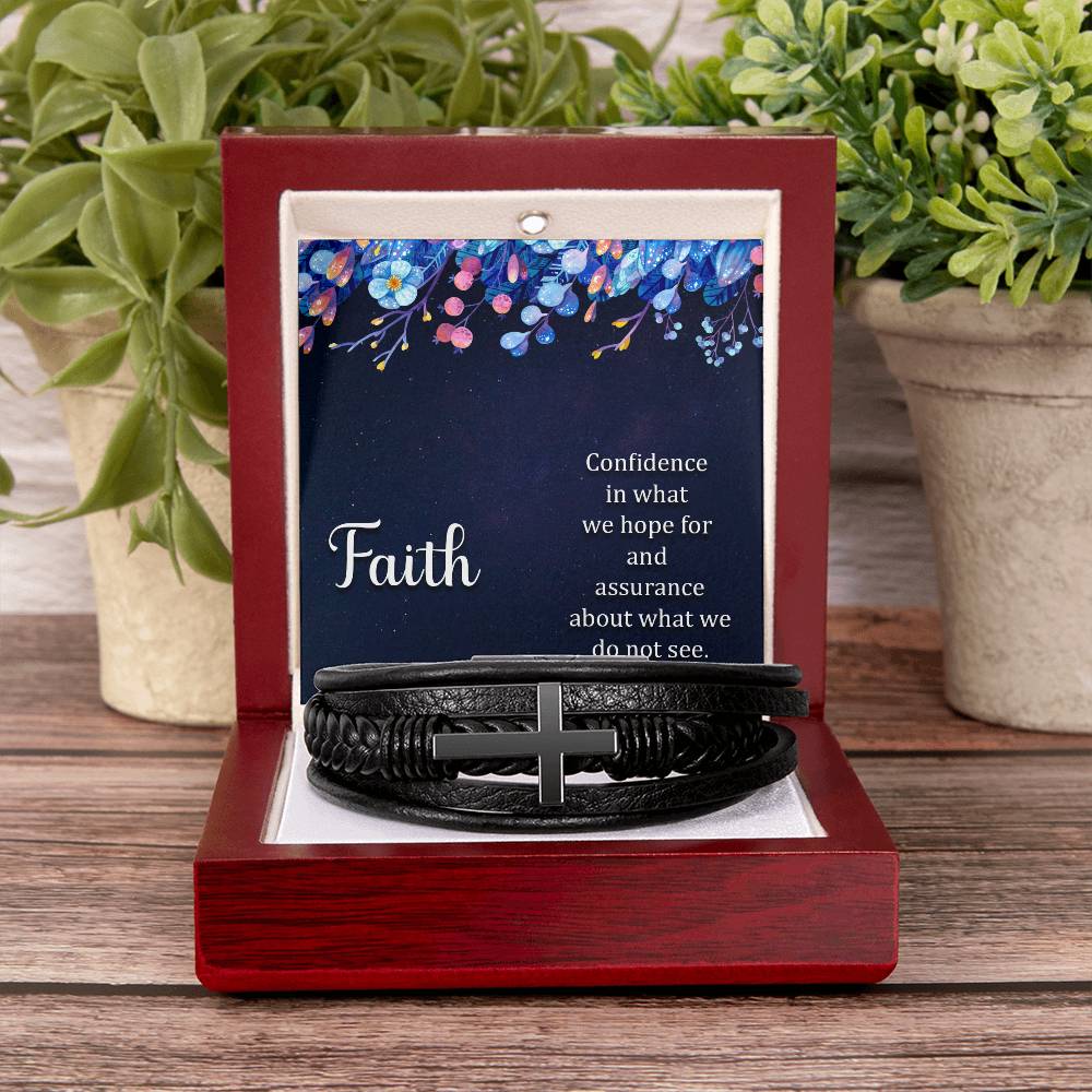 Faith (noun) Hebrews 11:1 Men's Stainless Steel & Vegan Leather Cross Bracelet - Vegan Leather with Stainless Steel-Express Your Love Gifts