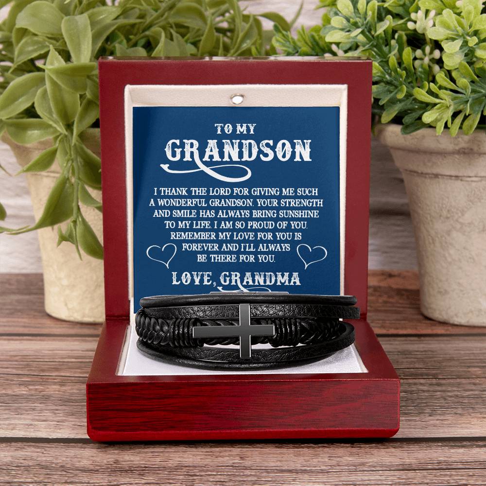 To My GrandSon I Thank The LORD For Giving Me Such Men's Cross Bracelet - Vegan Leather with Stainless Steel-Express Your Love Gifts