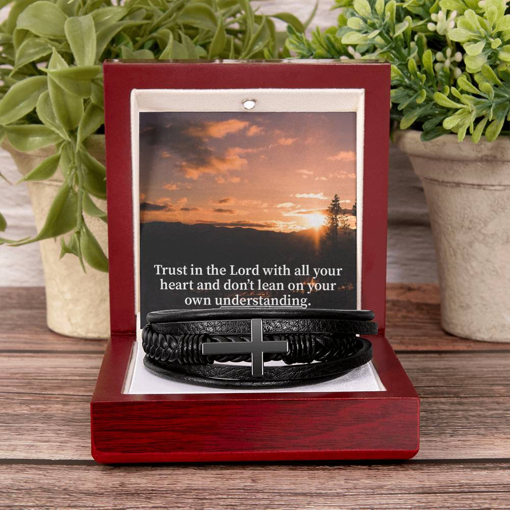 Trust in The Lord Proverbs 3:5 Sunset Men's Stainless Steel & Vegan Leather Cross Bracelet - Vegan Leather with Stainless Steel-Express Your Love Gifts
