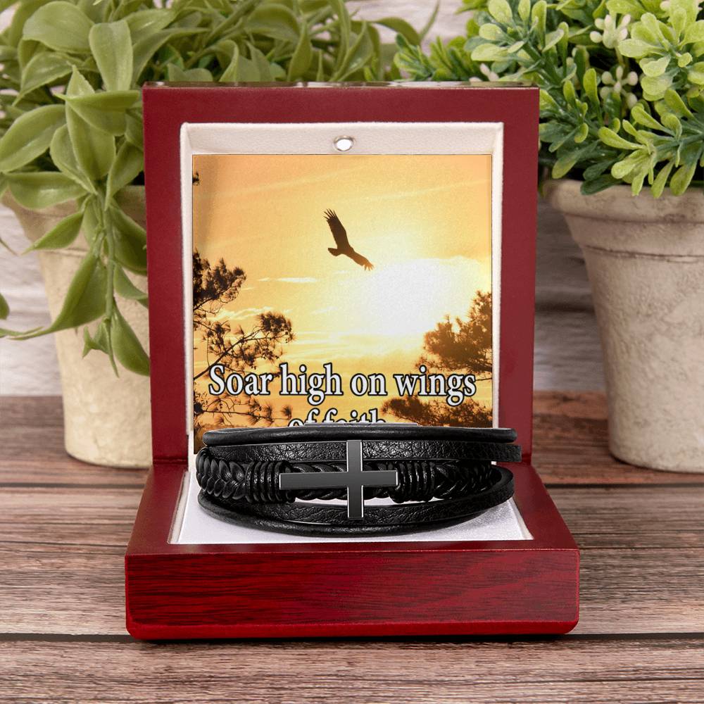 Soar High on Faith Men's Stainless Steel & Vegan Leather Cross Bracelet - Vegan Leather with Stainless Steel-Express Your Love Gifts
