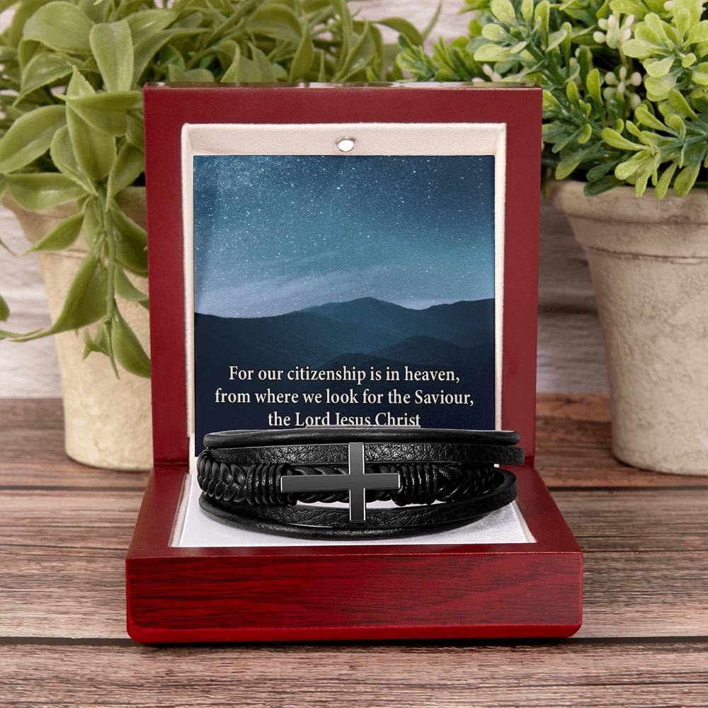 Citizenship in Heaven Philippians 3:20 Men's Stainless Steel & Vegan Leather Cross Bracelet - Vegan Leather with Stainless Steel-Express Your Love Gifts