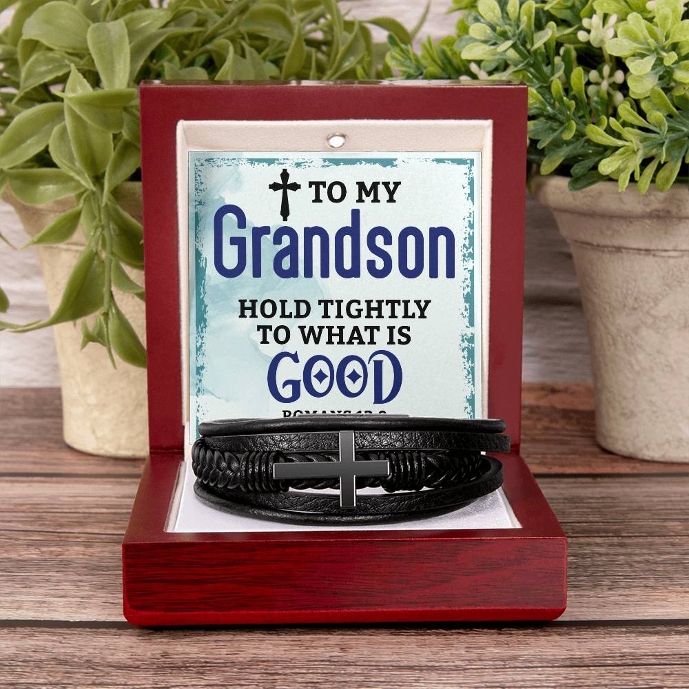 To My Grandson Hold Tightly Men's Cross Bracelet - Vegan Leather with Stainless Steel-Express Your Love Gifts