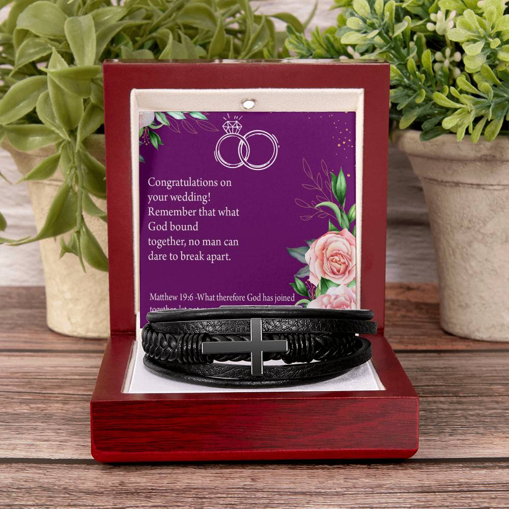 Wedding Message Faith Matthew 9:16 Men's Stainless Steel & Vegan Leather Cross Bracelet - Vegan Leather with Stainless Steel-Express Your Love Gifts