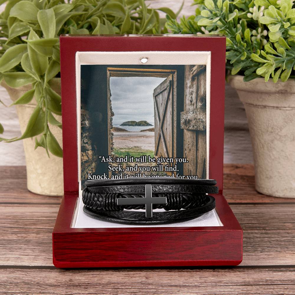 Ask & You Shall Receive Matthew 7:7 Men's Stainless Steel & Vegan Leather Cross Bracelet - Vegan Leather with Stainless Steel-Express Your Love Gifts