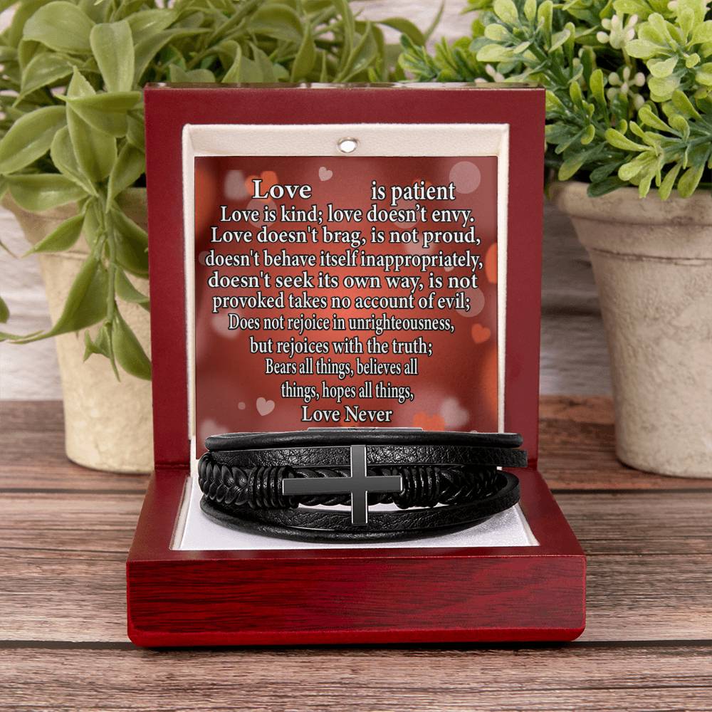 Love is Corinthians Men's Stainless Steel & Vegan Leather Cross Bracelet - Vegan Leather with Stainless Steel-Express Your Love Gifts