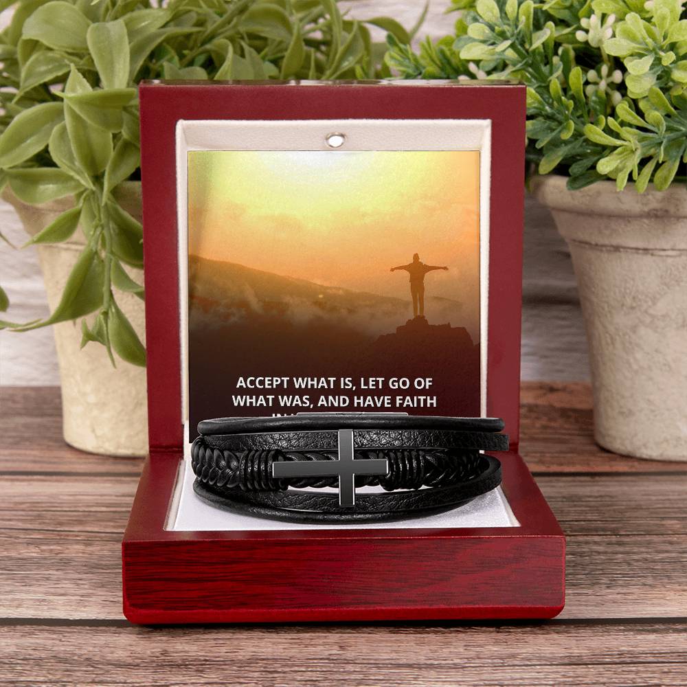 Accept What Is Men's Stainless Steel & Vegan Leather Cross Bracelet - Vegan Leather with Stainless Steel-Express Your Love Gifts