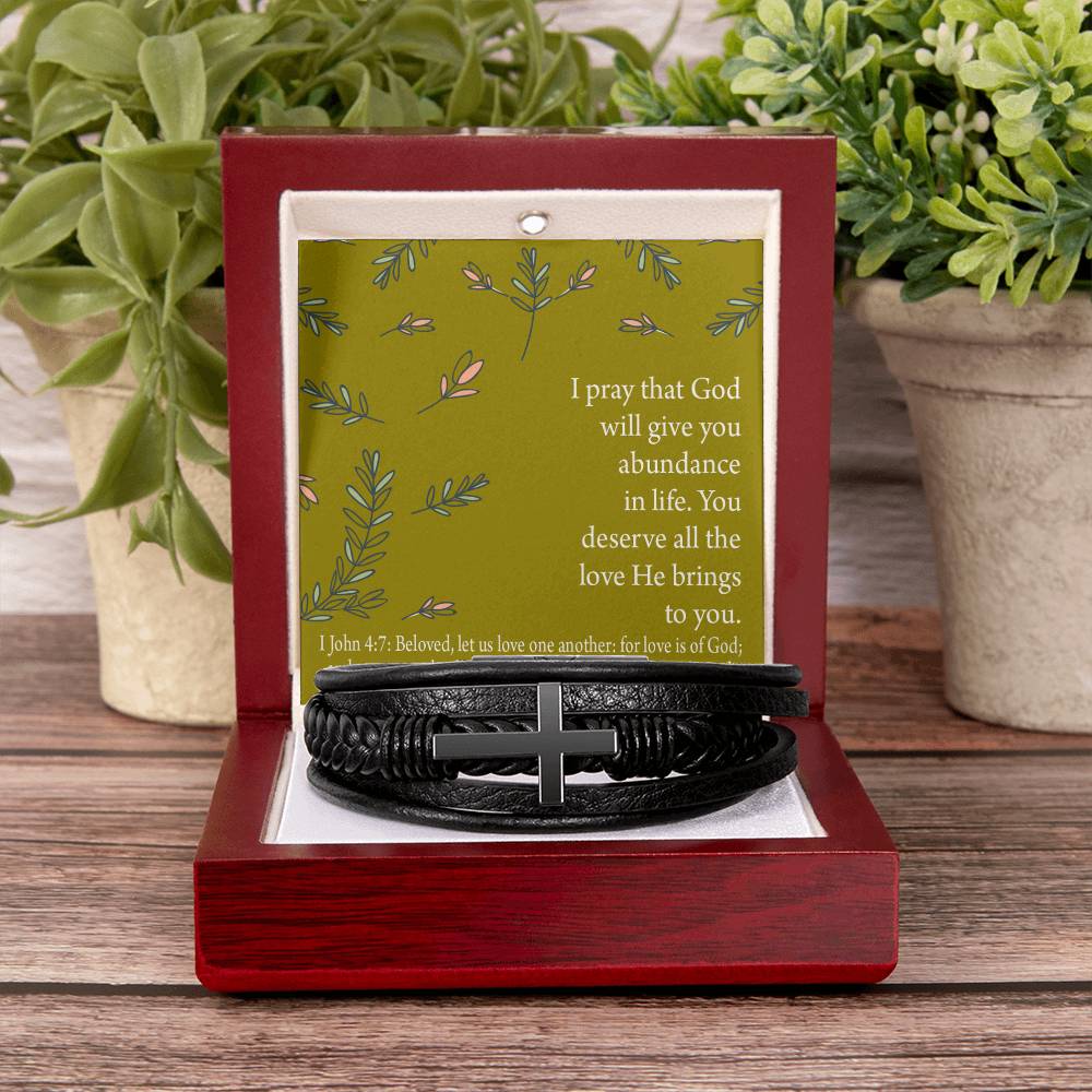 God's Love Faith 1 John 4 :7 Men's Stainless Steel & Vegan Leather Cross Bracelet - Vegan Leather with Stainless Steel-Express Your Love Gifts