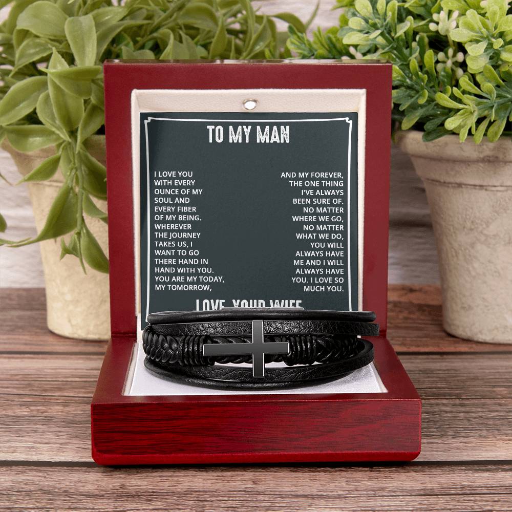 To My Man I Love You With Every Ounce Men's Cross Bracelet - Vegan Leather with Stainless Steel-Express Your Love Gifts