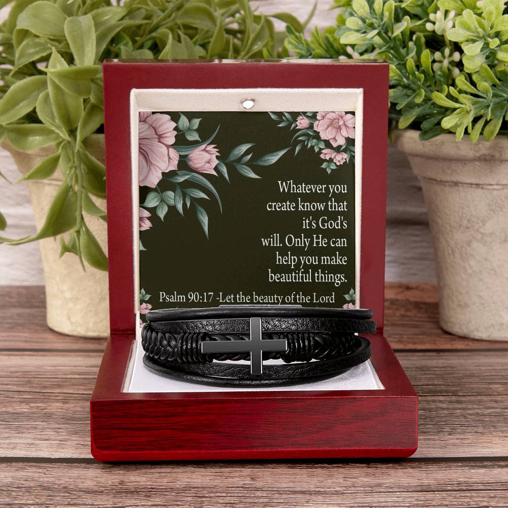 God's Will & Beauty Psalm 90:17 Men's Stainless Steel & Vegan Leather Cross Bracelet - Vegan Leather with Stainless Steel-Express Your Love Gifts