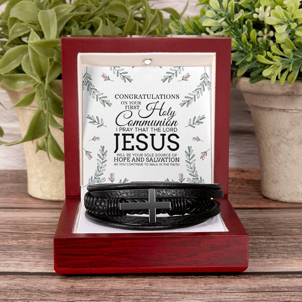 Congratulations on Your First Holy Communion Men's Stainless Steel & Vegan Leather Cross Bracelet - Vegan Leather with Stainless Steel-Express Your Love Gifts