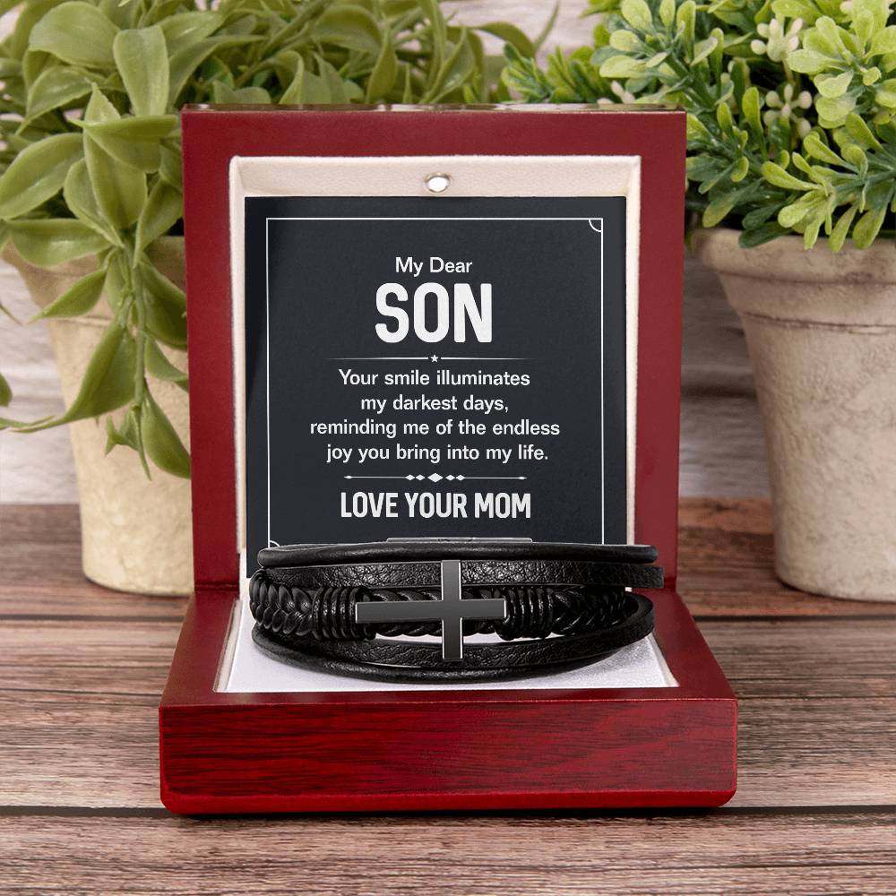 To My Son Your Smile Men's Cross Bracelet - Vegan Leather with Stainless Steel-Express Your Love Gifts
