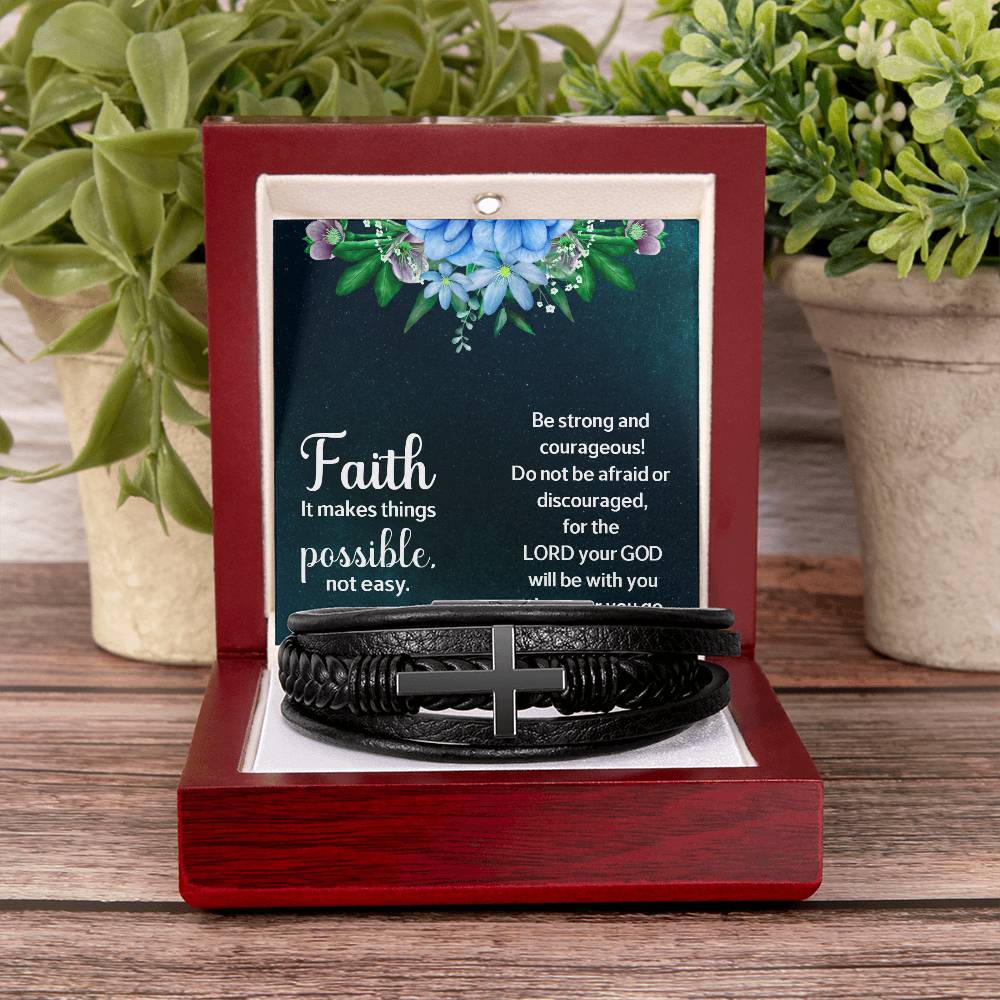 Faith Makes Things Possible Men's Stainless Steel & Vegan Leather Cross Bracelet - Vegan Leather with Stainless Steel-Express Your Love Gifts
