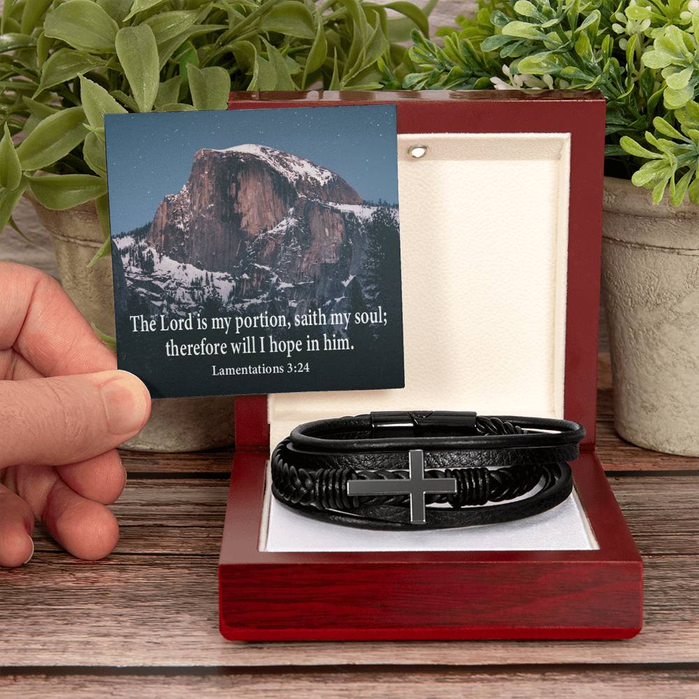 Hope in Him Lamentations 32:4 Men's Stainless Steel & Vegan Leather Cross Bracelet - Vegan Leather with Stainless Steel-Express Your Love Gifts