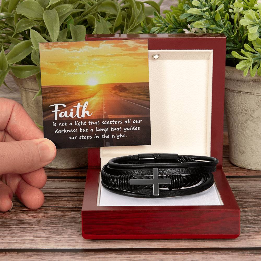 Faith is Not a Light Men's Stainless Steel & Vegan Leather Cross Bracelet - Vegan Leather with Stainless Steel-Express Your Love Gifts