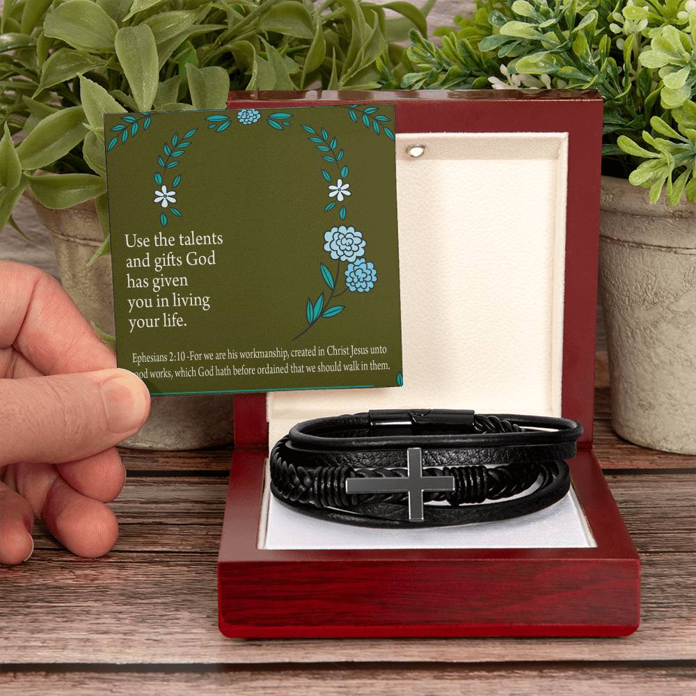 You Are God's Workmanship Ephesians 2:10 Men's Stainless Steel & Vegan Leather Cross Bracelet - Vegan Leather with Stainless Steel-Express Your Love Gifts