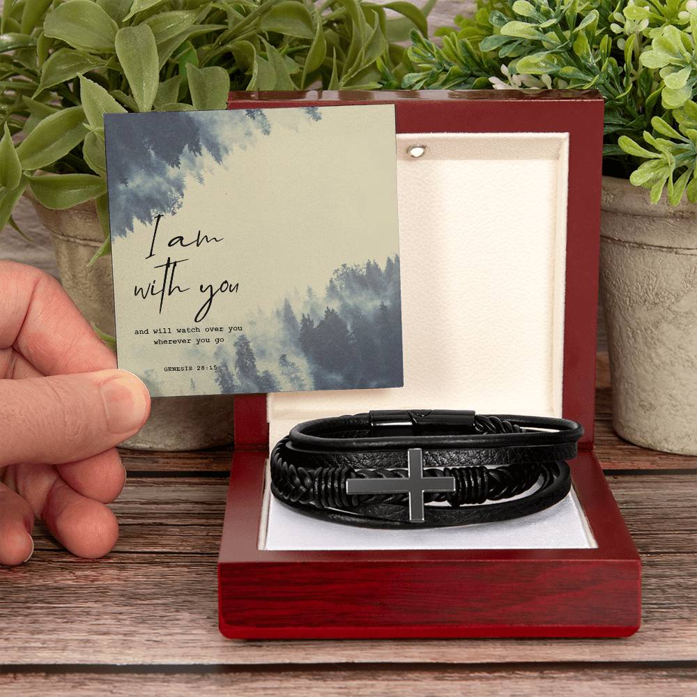 I Am With You Men's Cross Bracelet - Vegan Leather with Stainless Steel-Express Your Love Gifts