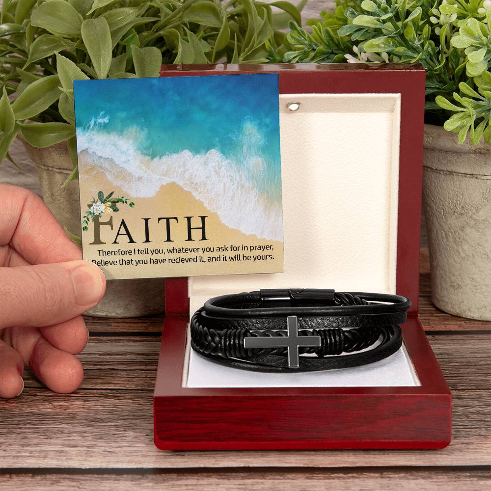 Therefor I Tell You Men's Stainless Steel & Vegan Leather Cross Bracelet - Vegan Leather with Stainless Steel-Express Your Love Gifts