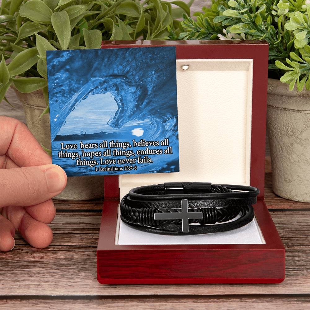 Love Bears All Water 1 Corinthians 13:7-8 Men's Stainless Steel & Vegan Leather Cross Bracelet - Vegan Leather with Stainless Steel-Express Your Love Gifts