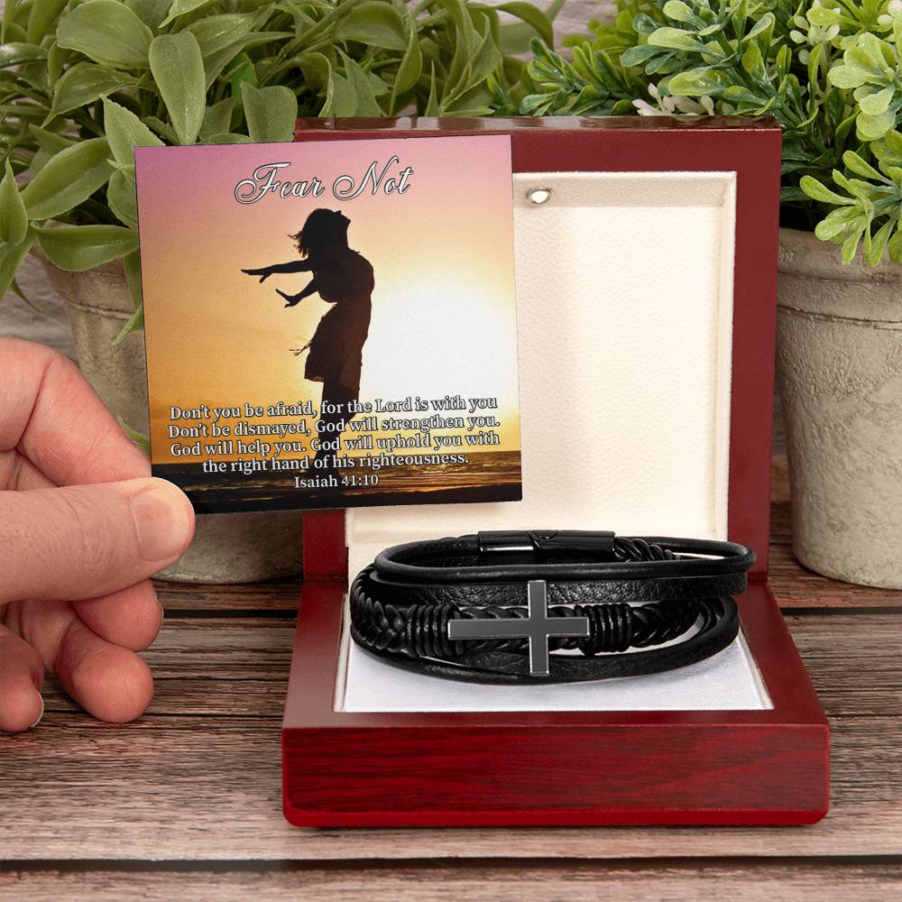 Fear Not Isaiah 41:10 Men's Stainless Steel & Vegan Leather Cross Bracelet - Vegan Leather with Stainless Steel-Express Your Love Gifts