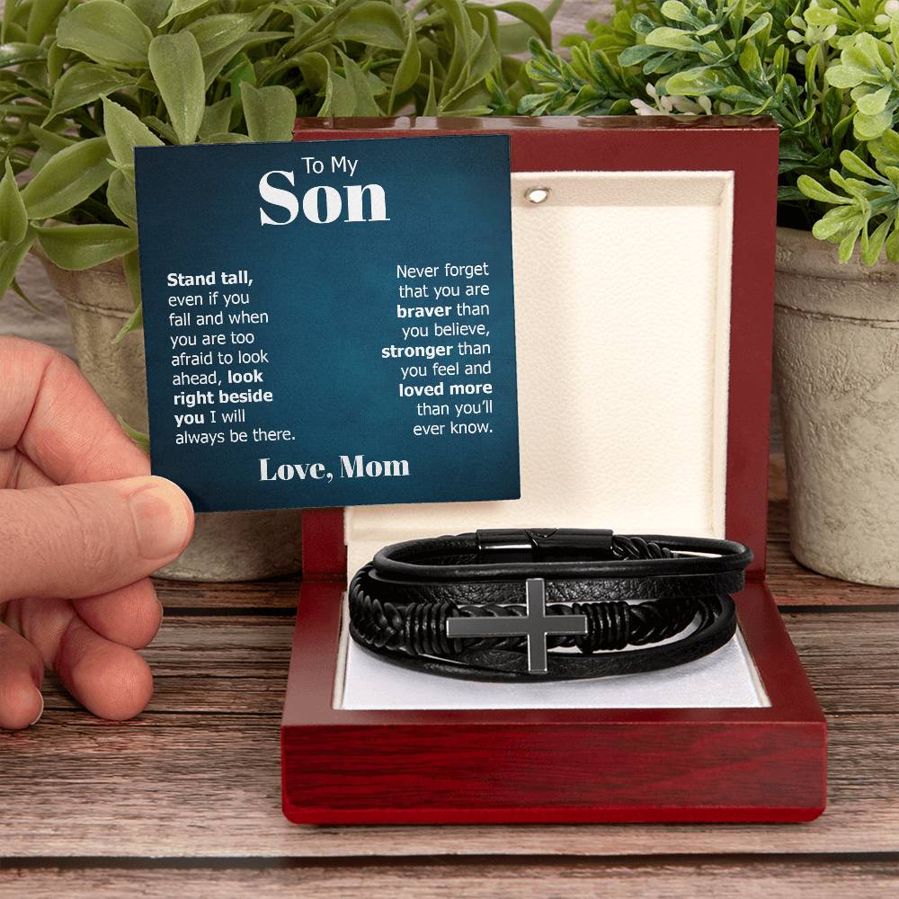 To My Son Stand Tall Even if You Fall Men's Cross Bracelet - Vegan Leather with Stainless Steel-Express Your Love Gifts