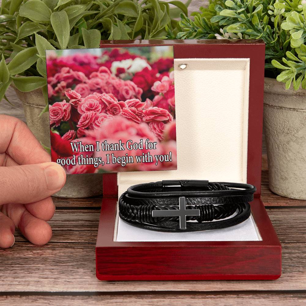 I Thank God Philippians 1:3 Men's Stainless Steel & Vegan Leather Cross Bracelet - Vegan Leather with Stainless Steel-Express Your Love Gifts