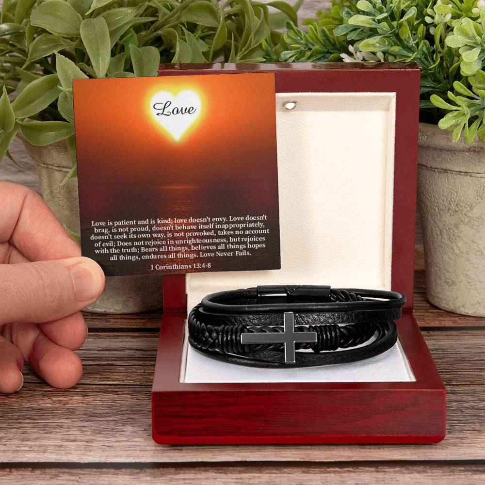 Love Message 1 Corinthians 13:4-8 Men's Stainless Steel & Vegan Leather Cross Bracelet - Vegan Leather with Stainless Steel-Express Your Love Gifts