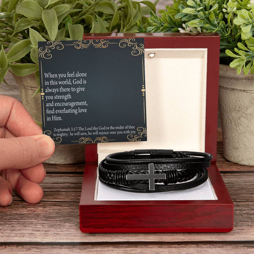 Care & Concern Zephaniah 3:17 Men's Stainless Steel & Vegan Leather Cross Bracelet - Vegan Leather with Stainless Steel-Express Your Love Gifts