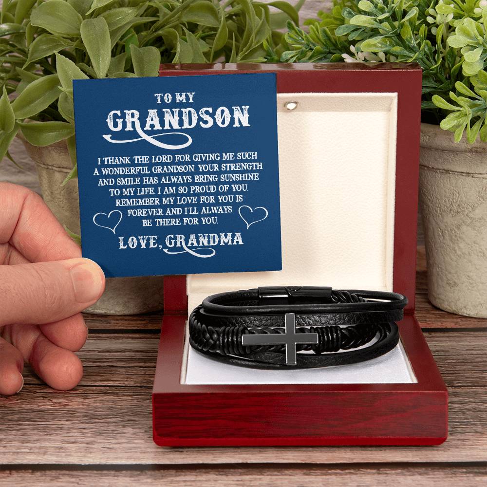 To My GrandSon I Thank The LORD For Giving Me Such Men's Cross Bracelet - Vegan Leather with Stainless Steel-Express Your Love Gifts