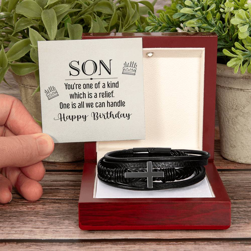 To My Son You're One of a Kind Men's Cross Bracelet - Vegan Leather with Stainless Steel-Express Your Love Gifts