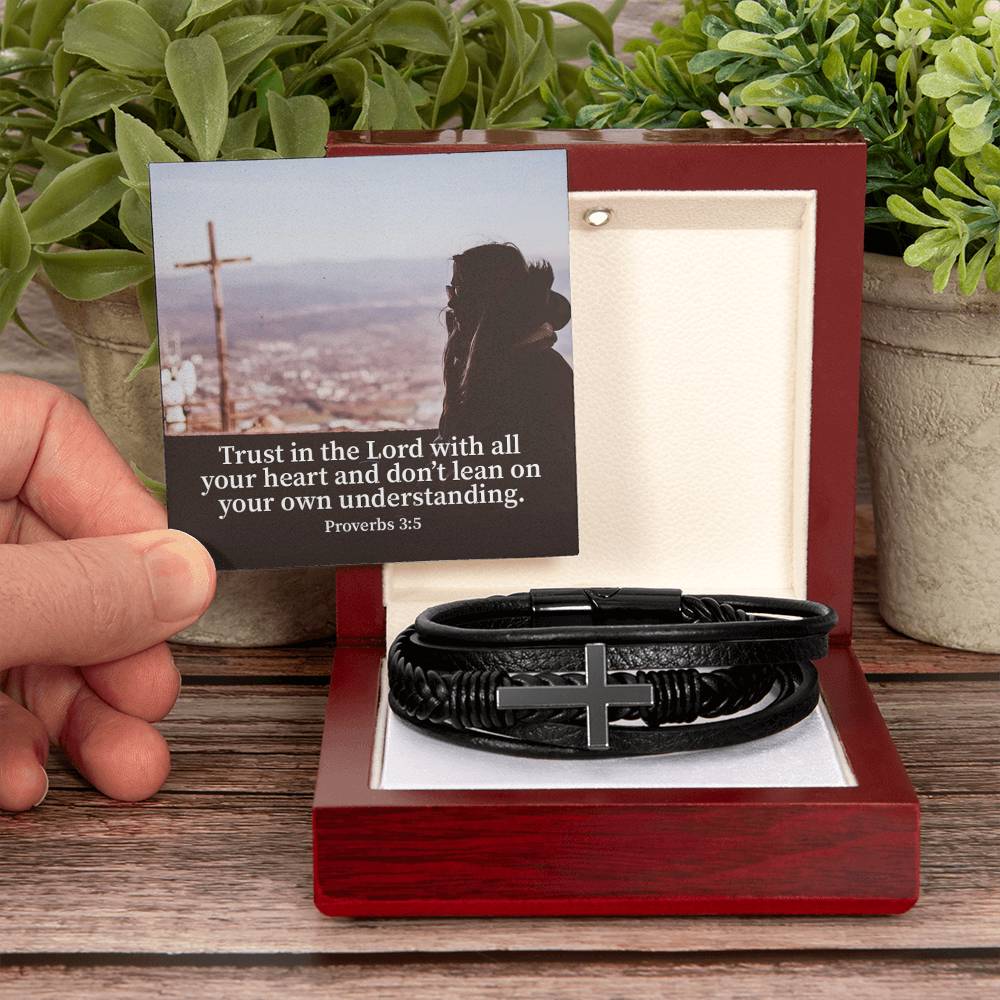 Trust Proverbs 3:5 Men's Stainless Steel & Vegan Leather Cross Bracelet - Vegan Leather with Stainless Steel-Express Your Love Gifts