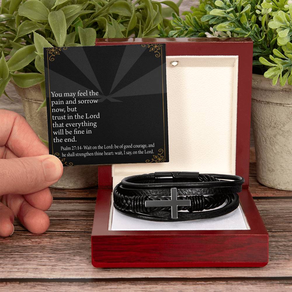God's Strength Psalm 27:14 Men's Stainless Steel & Vegan Leather Cross Bracelet - Vegan Leather with Stainless Steel-Express Your Love Gifts