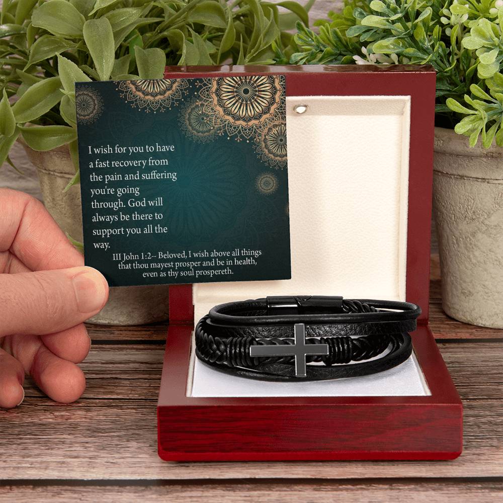 Get Well God's Support 3 John 1:2 Men's Stainless Steel & Vegan Leather Cross Bracelet - Vegan Leather with Stainless Steel-Express Your Love Gifts