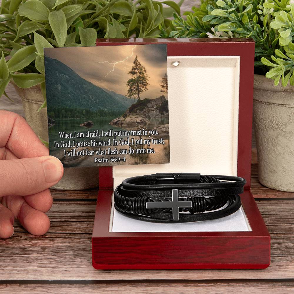 Trust in God Psalm 56:3-4 Men's Stainless Steel & Vegan Leather Cross Bracelet - Vegan Leather with Stainless Steel-Express Your Love Gifts