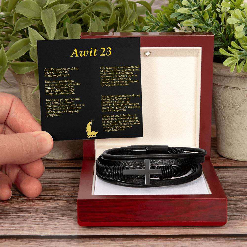 Lord is my Shepherd Tagalog Awit Men's Stainless Steel & Vegan Leather Cross Bracelet - Vegan Leather with Stainless Steel-Express Your Love Gifts