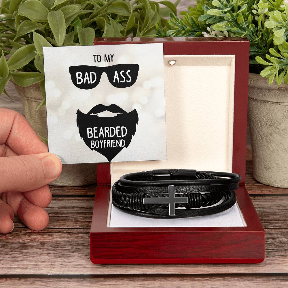 To My Badass Bearded Boyfriend Men's Cross Bracelet - Vegan Leather with Stainless Steel-Express Your Love Gifts
