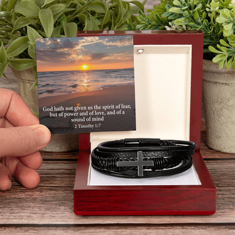 No Fear 2 Timothy 1:7 Men's Stainless Steel & Vegan Leather Cross Bracelet - Vegan Leather with Stainless Steel-Express Your Love Gifts