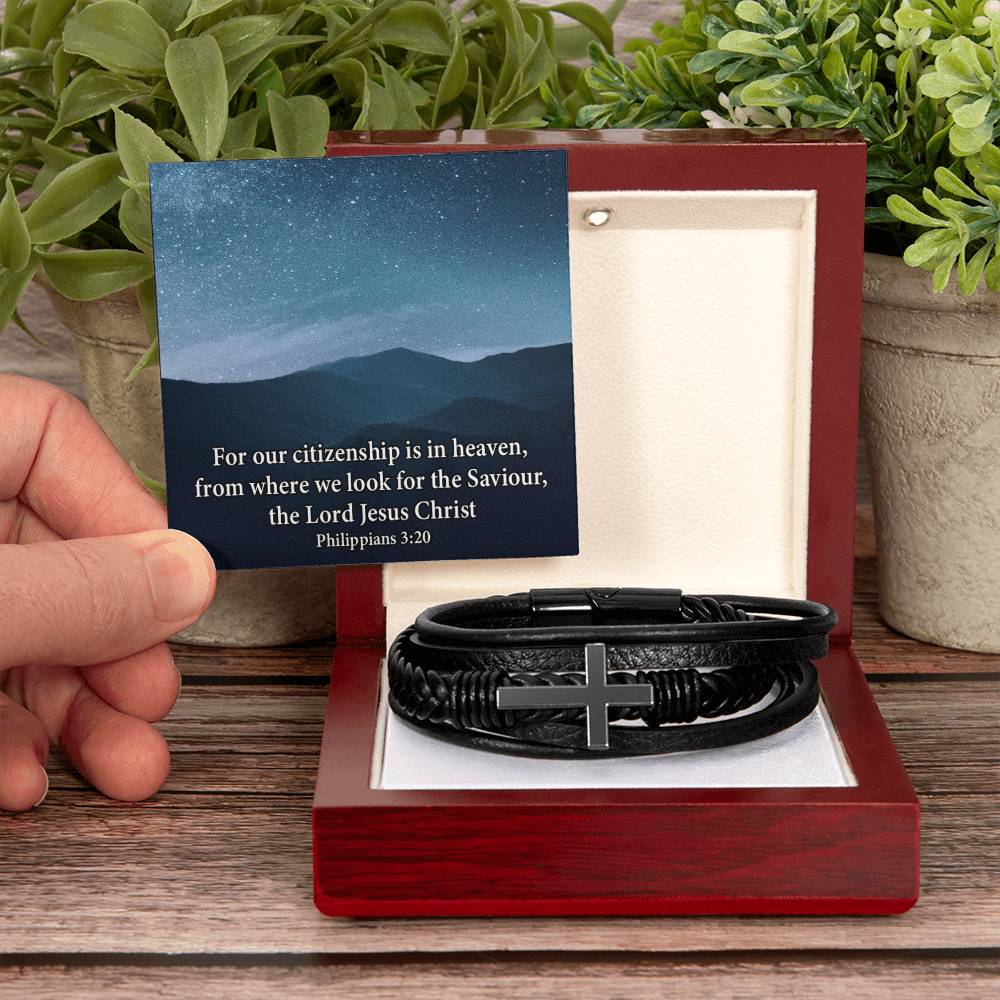 Citizenship in Heaven Philippians 3:20 Men's Stainless Steel & Vegan Leather Cross Bracelet - Vegan Leather with Stainless Steel-Express Your Love Gifts