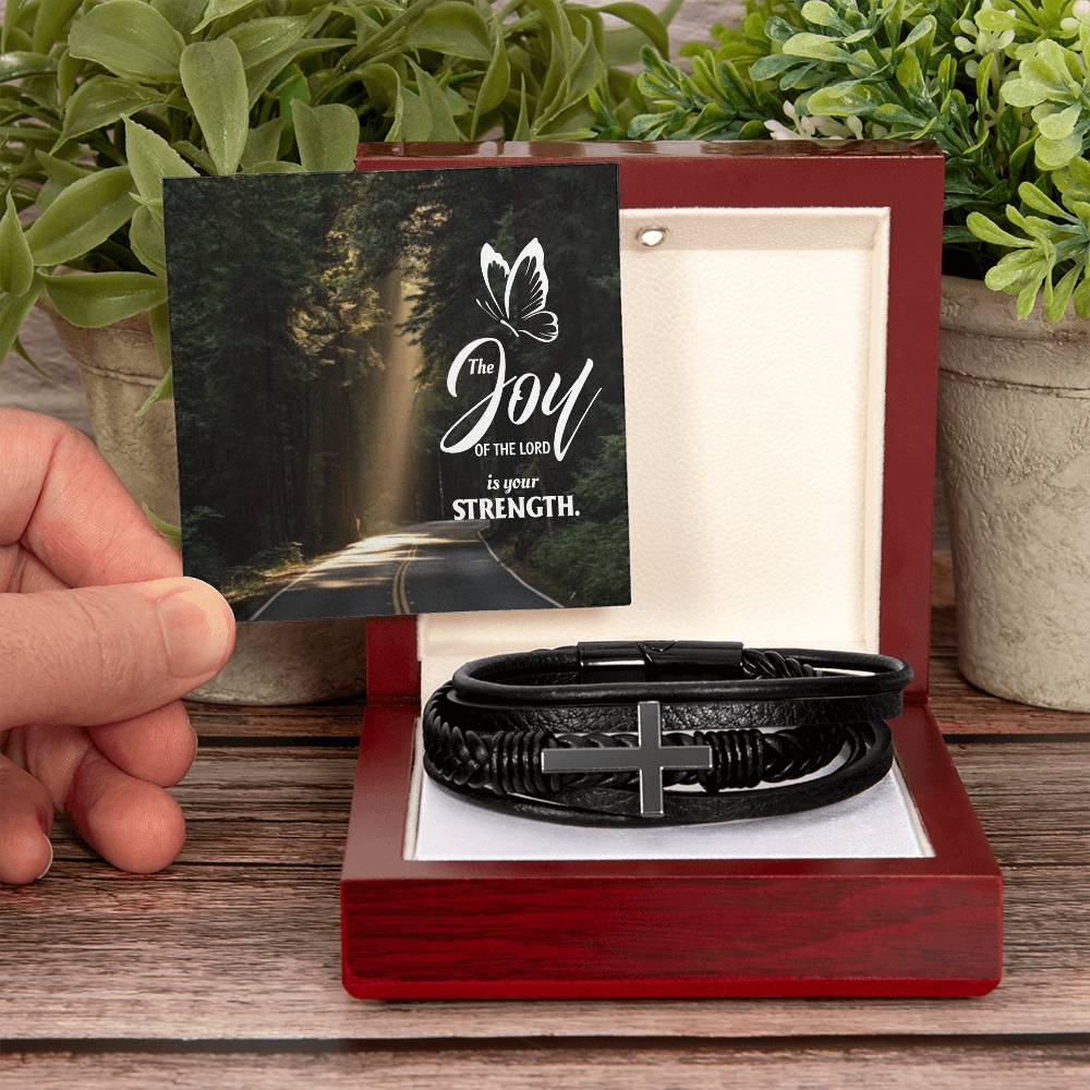 The Joy of The Lord is Your Strength Men's Stainless Steel & Vegan Leather Cross Bracelet - Vegan Leather with Stainless Steel-Express Your Love Gifts