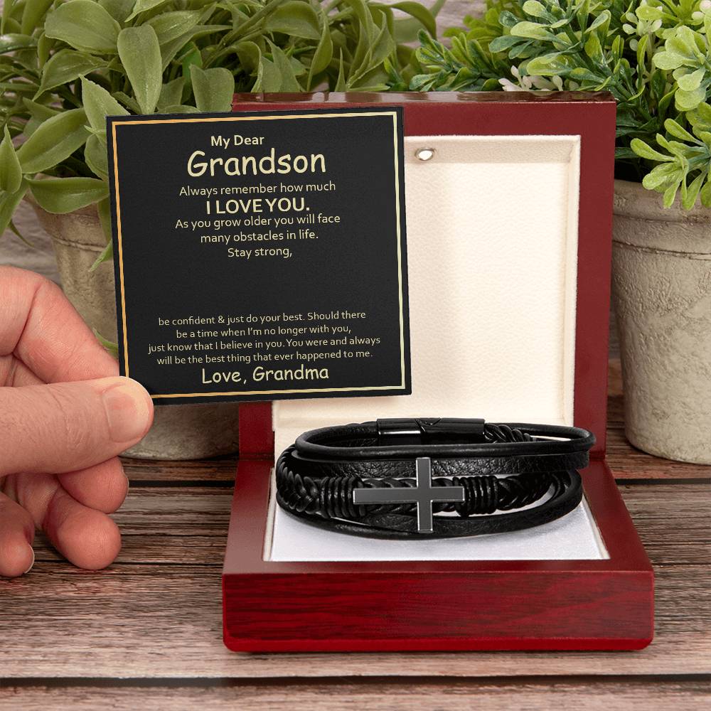 To My Grandson Always Remember How Much I Love You Men's Cross Bracelet - Vegan Leather with Stainless Steel-Express Your Love Gifts