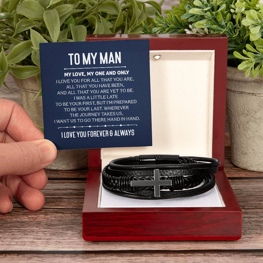 To My Man My Love My One and Only Men's Cross Bracelet - Vegan Leather with Stainless Steel-Express Your Love Gifts