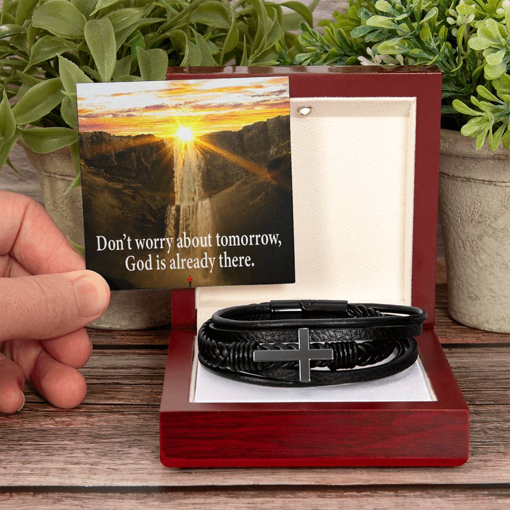Don’t Worry Men's Stainless Steel & Vegan Leather Cross Bracelet - Vegan Leather with Stainless Steel-Express Your Love Gifts
