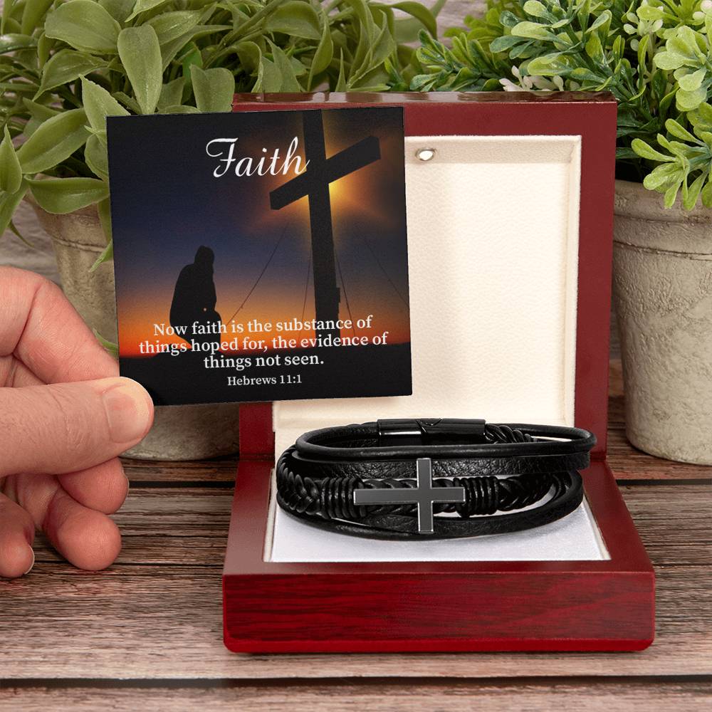 Faith Hebrews 11:1 Men's Stainless Steel & Vegan Leather Cross Bracelet - Vegan Leather with Stainless Steel-Express Your Love Gifts