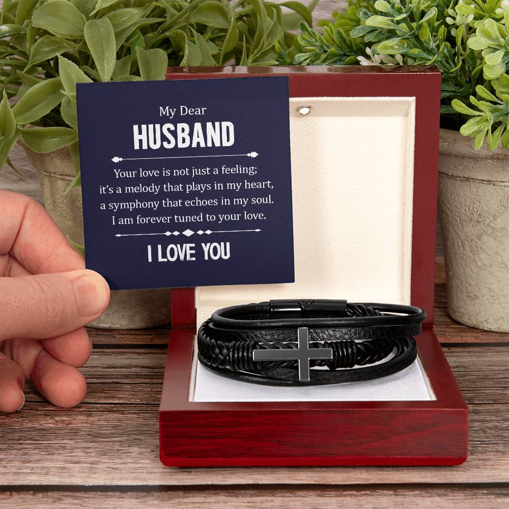 To My Husband Your Love is Not Just a Feeling Men's Cross Bracelet - Vegan Leather with Stainless Steel-Express Your Love Gifts