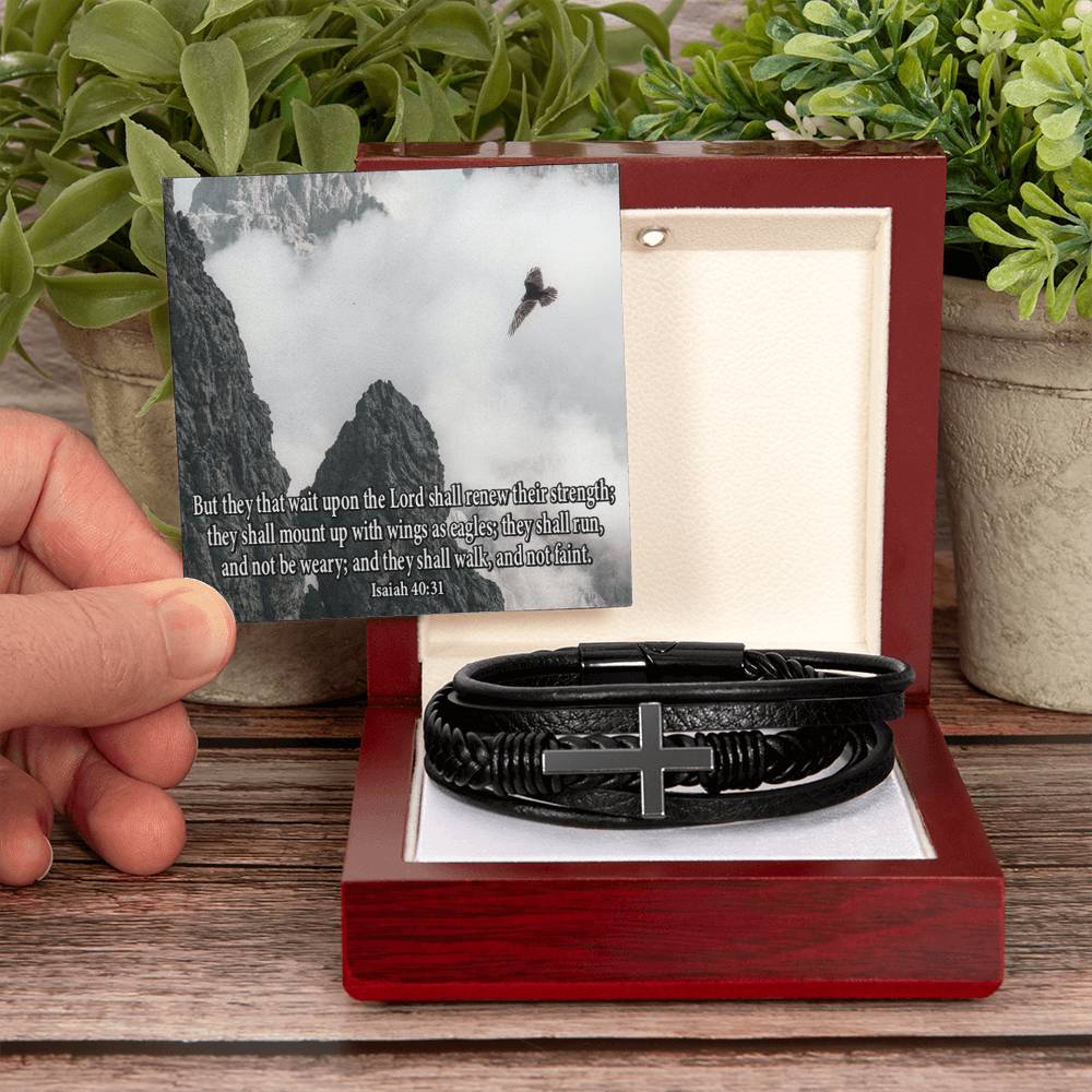 Renew Their Strength Isaiah 40:31 Men's Stainless Steel & Vegan Leather Cross Bracelet - Vegan Leather with Stainless Steel-Express Your Love Gifts