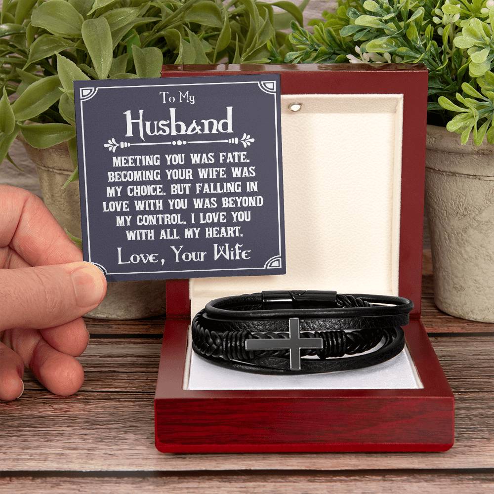 To My Husband Meeting You Was Fate Men's Cross Bracelet - Vegan Leather with Stainless Steel-Express Your Love Gifts