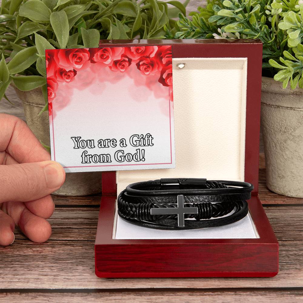 You Are a Gift From God Men's Stainless Steel & Vegan Leather Cross Bracelet - Vegan Leather with Stainless Steel-Express Your Love Gifts