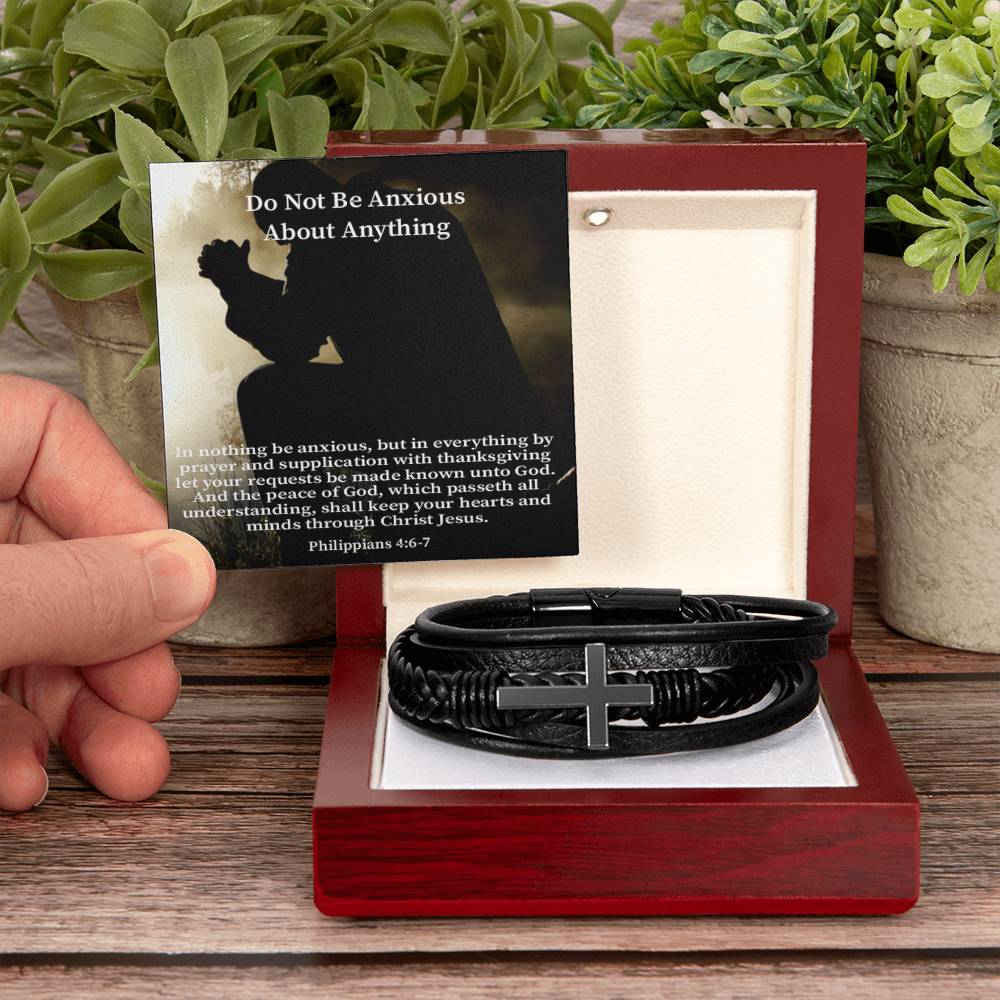 Do Not be Anxious About Anything Philippians 4:6-7 Men's Stainless Steel & Vegan Leather Cross Bracelet - Vegan Leather with Stainless Steel-Express Your Love Gifts